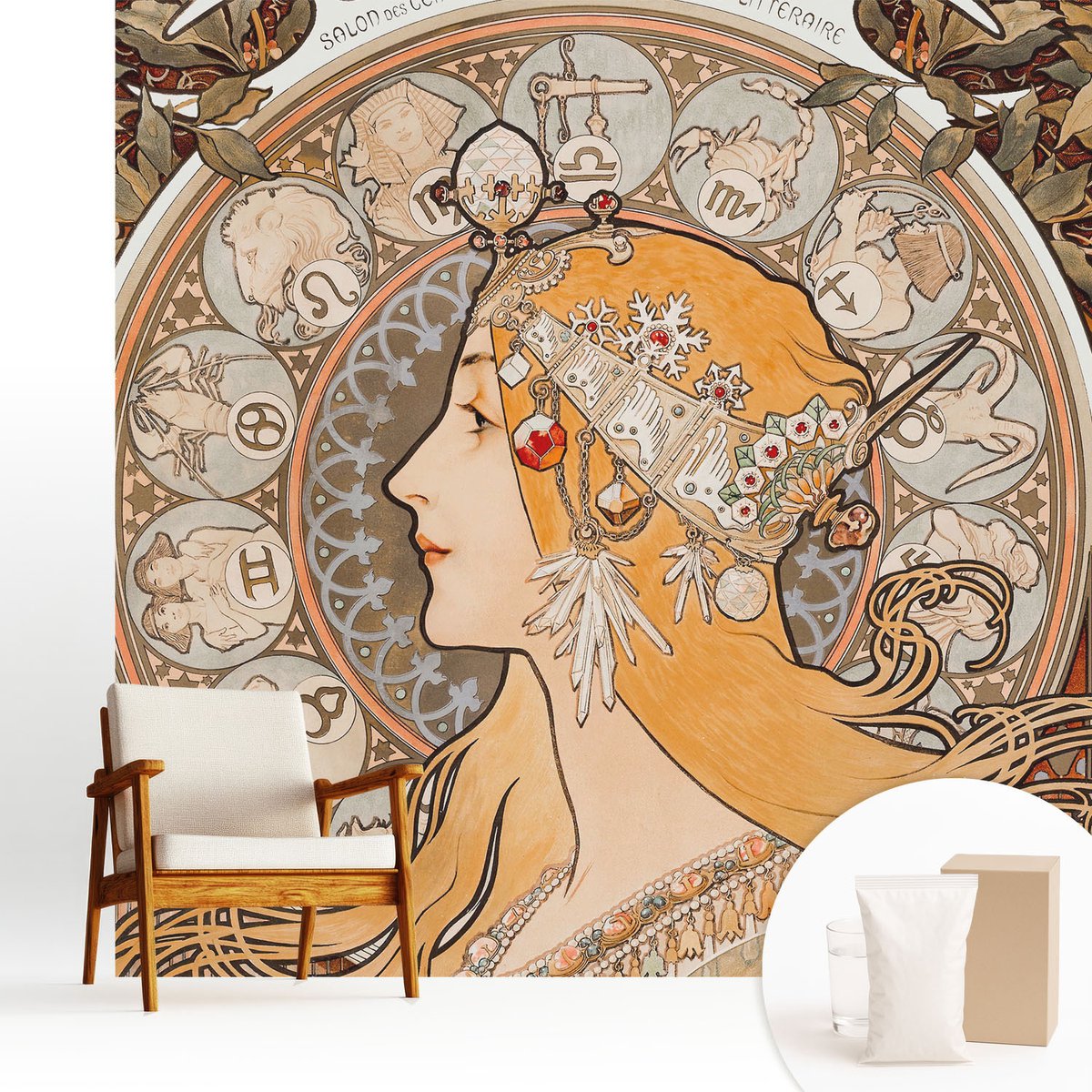 Wallfluent Fotobehang - Beige Vliesbehang - 250x250 cm - Zodiacale Elegantie Muurschildering - Gang behang Deel - Fotobehang Vlies - Slaapkamer behang