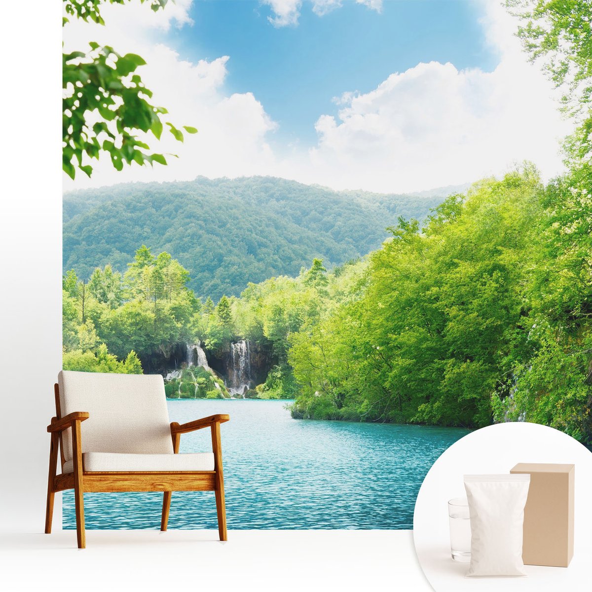 Wallfluent Fotobehang - Groente Vliesbehang - 250x250 cm - Natuurlijke Waterval Muurschildering - Slaapkamer behang Landschappen - Fotobehang Vlies - Slaapkamer behang