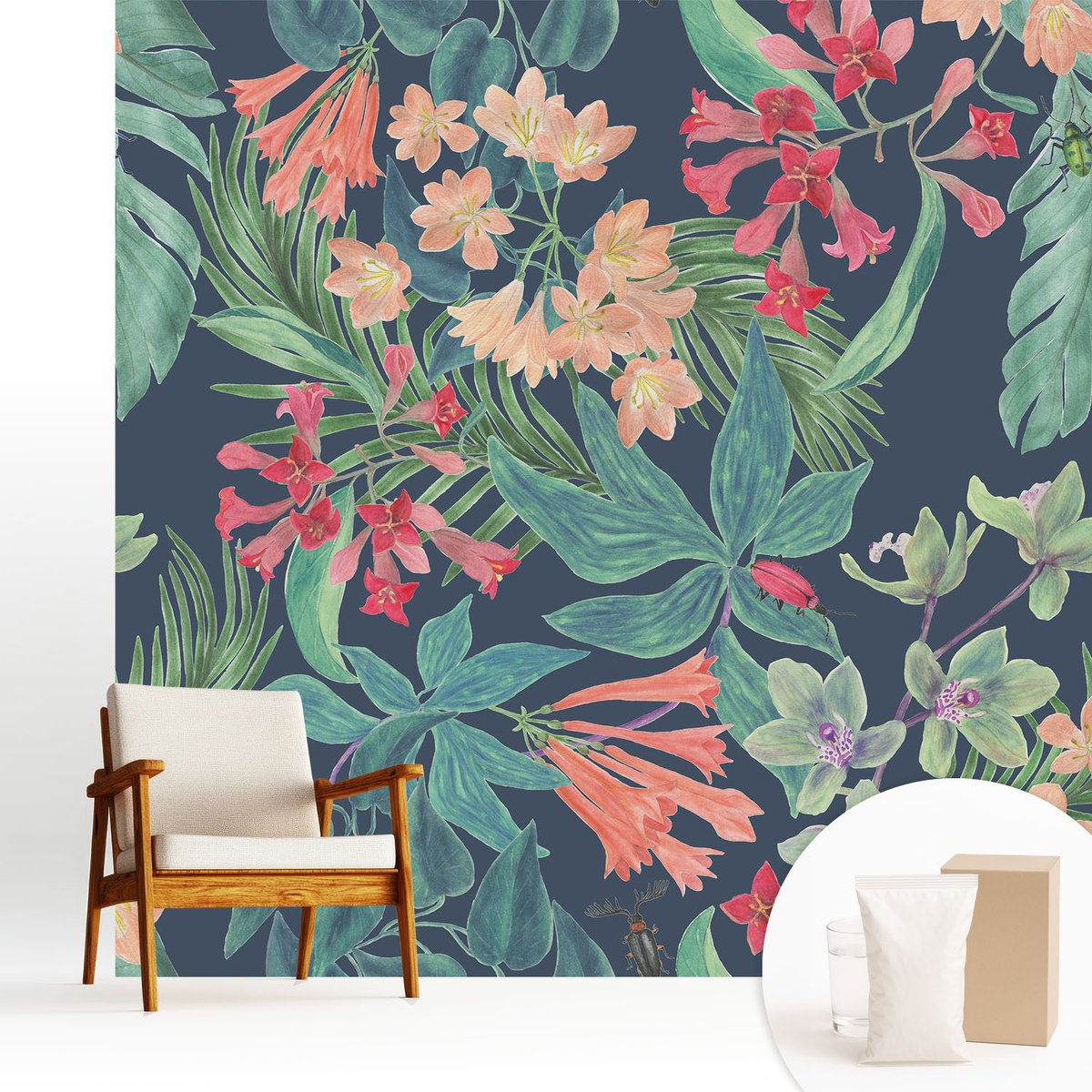 Wallfluent Fotobehang - Marine Vliesbehang - 250x250 cm - Tropische Bloemen Muurschildering - Slaapkamer behang Bloemen En Planten - Fotobehang Vlies - Slaapkamer behang