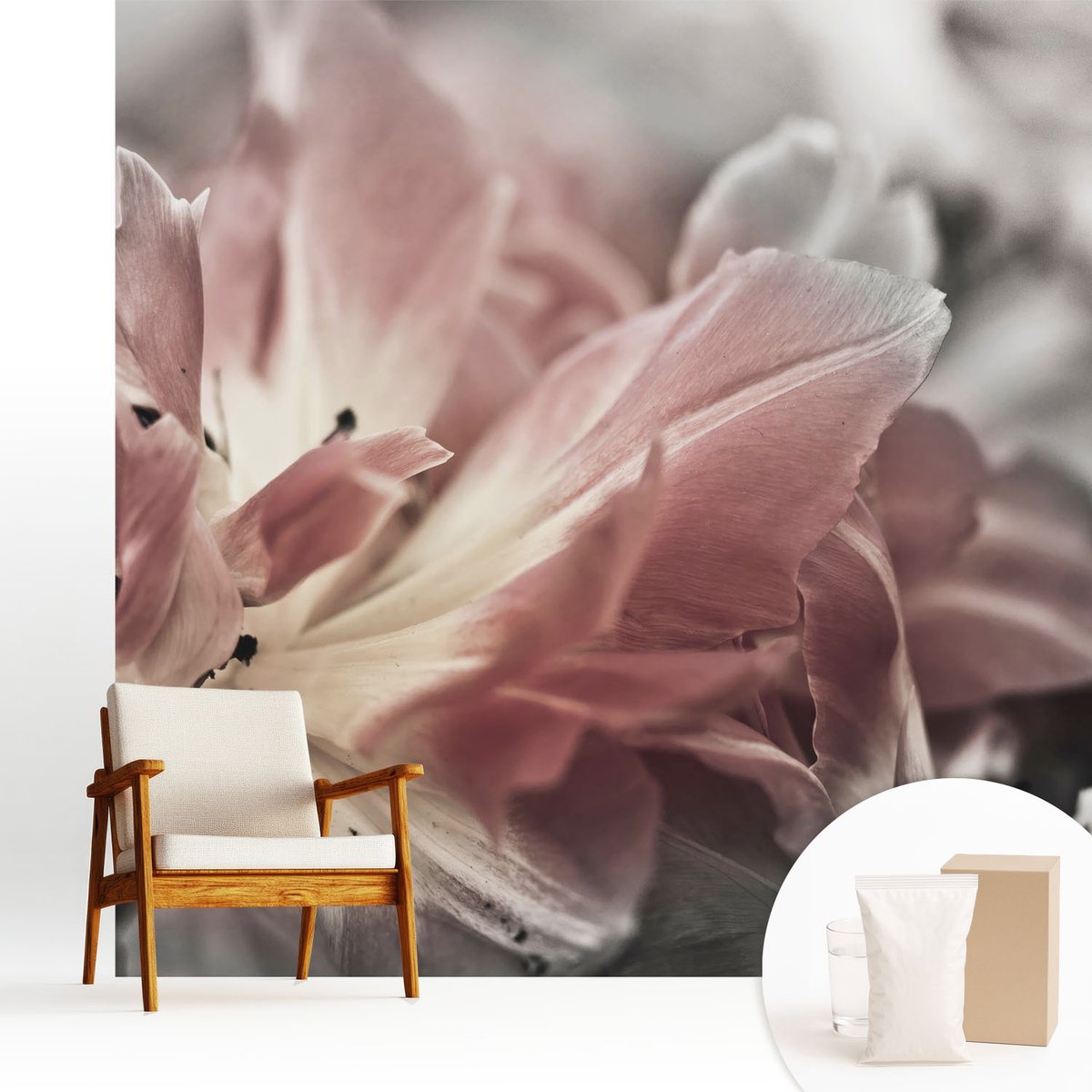 Wallfluent Fotobehang - Grijs Vliesbehang - 250x250 cm - Pastelkleurige Bloem Fotobehang Vlies - Hal behang Bloemen En Planten - Muurschildering - Woonkamer behang