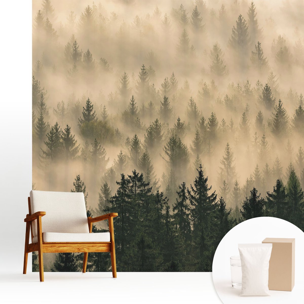 Wallfluent Fotobehang - Grijs Vliesbehang - 250x250 cm - Bosmist Fotobehang Vlies - Woonkamer behang Landschappen - Muurschildering - Woonkamer behang