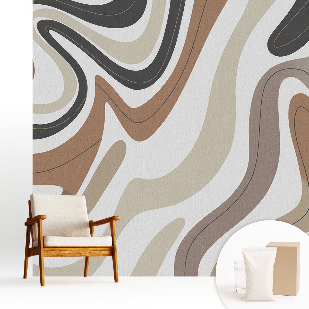 Wallfluent Fotobehang - Beige Vliesbehang - 250x250 cm - Harmonieuze Golven Fotobehang Vlies - Hal behang Abstractie - Muurschildering - Woonkamer behang