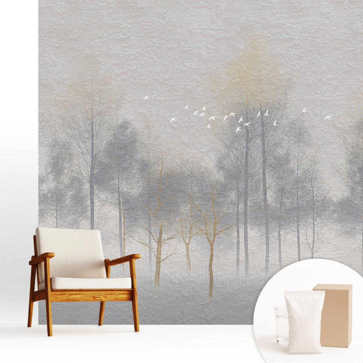 Wallfluent Fotobehang - Grijs Vliesbehang - 250x250 cm - Bosharmonie Muurschildering - Slaapkamer behang Landschappen - Fotobehang Vlies - Slaapkamer behang