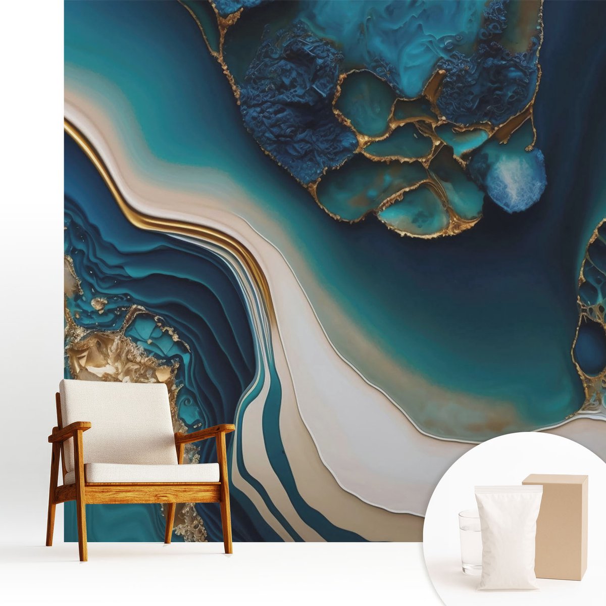 Wallfluent Fotobehang - Turkoois Vliesbehang - 250x250 cm - Kleurrijke Abstractie Fotobehang Vlies - Hal behang Abstractie - Muurschildering - Woonkamer behang