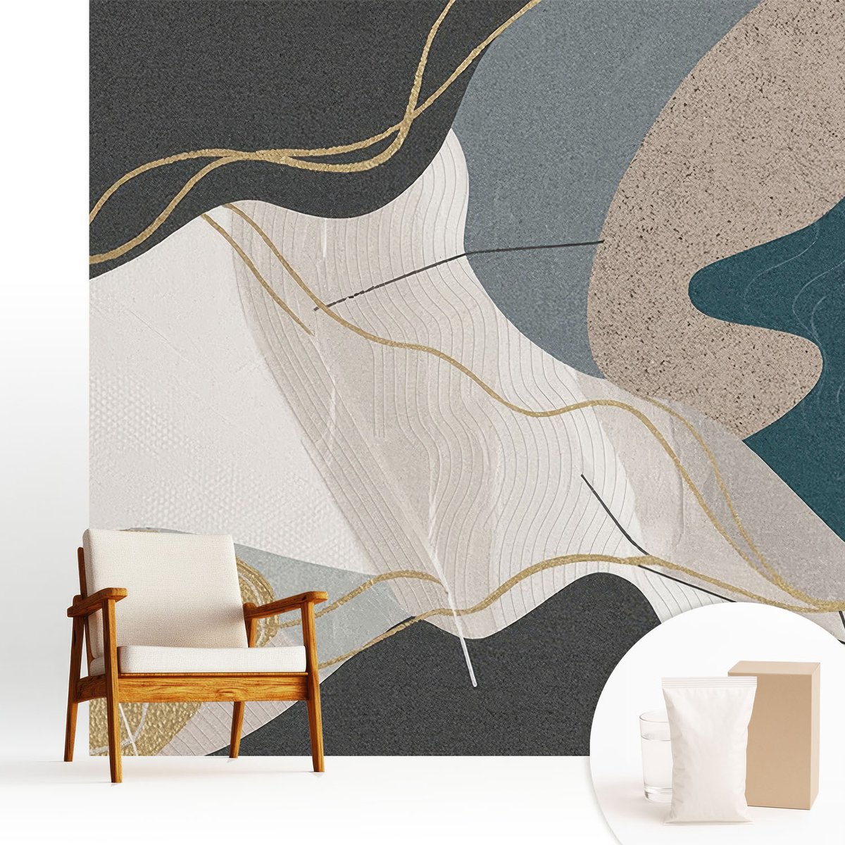 Wallfluent Fotobehang - Grijs Vliesbehang - 250x250 cm - Abstracte Vormen Muurschildering - Slaapkamer behang Abstractie - Fotobehang Vlies - Gang behang