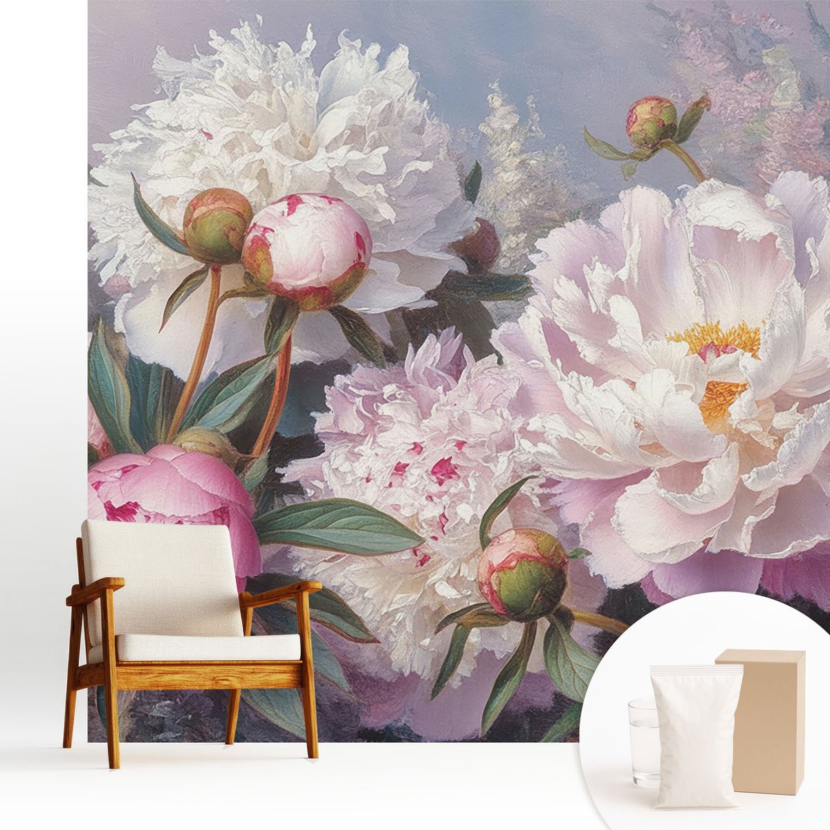 Wallfluent Fotobehang - Roze Vliesbehang - 250x250 cm - Pioenrozenboeket Muurschildering - Slaapkamer behang Bloemen En Planten - Fotobehang Vlies - Slaapkamer behang
