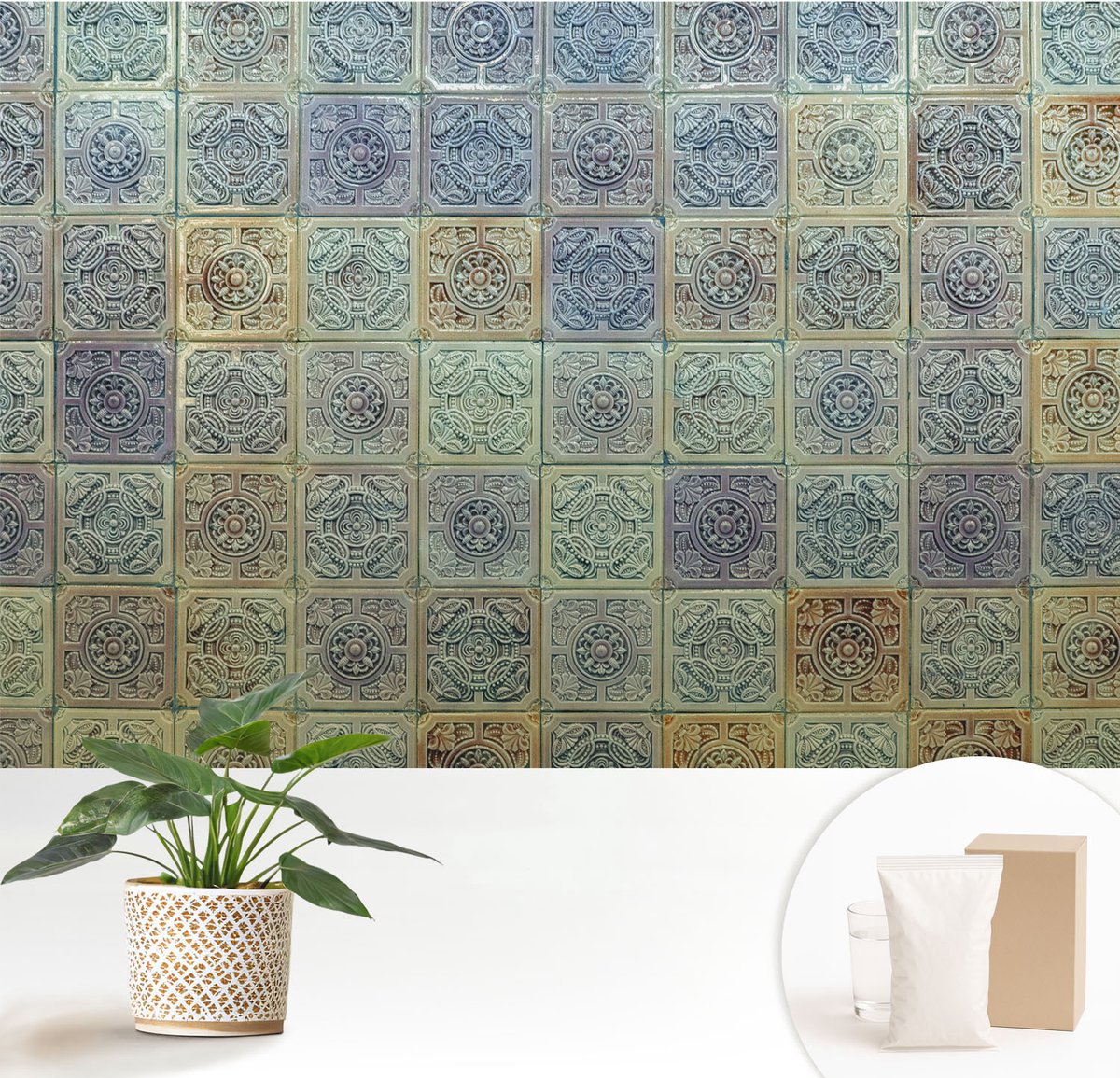 Wallfluent Fotobehang - Grijs Vliesbehang - 152x104 cm - Geometrische Tegels Muurschildering - Slaapkamer behang Achtergronden En Patronen - Fotobehang Vlies - Slaapkamer behang