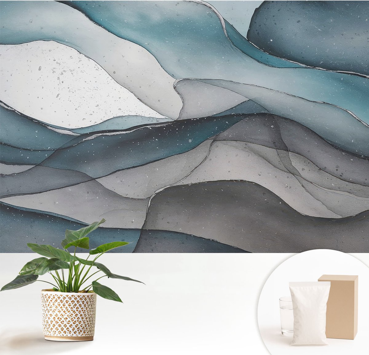 Wallfluent Fotobehang - Blauw Vliesbehang - 152x104 cm - Kleurrijke Golven Fotobehang Vlies - Hal behang Texturen - Muurschildering - Hal behang