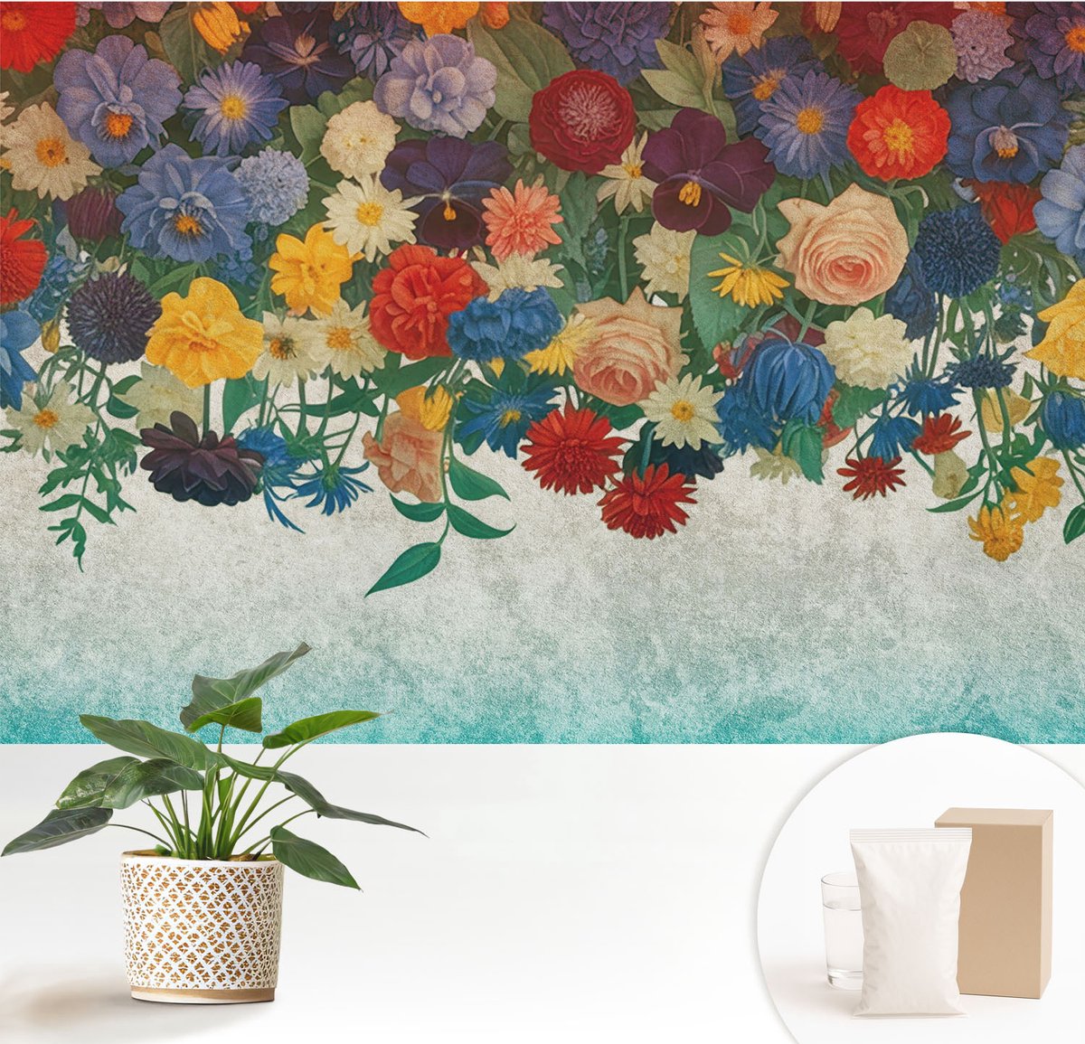 Wallfluent Fotobehang - Zwart Vliesbehang - 152x104 cm - Kleurrijke Bloemen Muurschildering - Gang behang Bloemen En Planten - Fotobehang Vlies - Slaapkamer behang