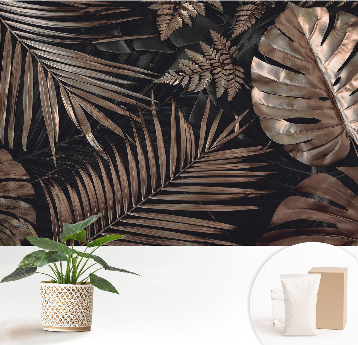 Wallfluent Fotobehang - Zwart Vliesbehang - 152x104 cm - Exotische Bladeren Muurschildering - Slaapkamer behang Bloemen En Planten - Fotobehang Vlies - Slaapkamer behang