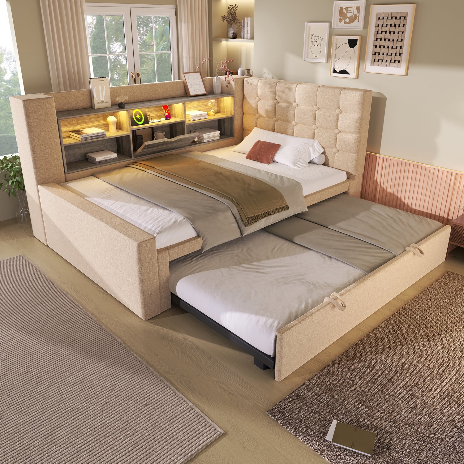 Welltin Gestoffeerd bed 90x200 met onderschuifbed 90x190 - Bedbank - Opbergvakken - Ledverlichting en USB - Logeerkamer - 214 x 107 x 88 cm - Beige