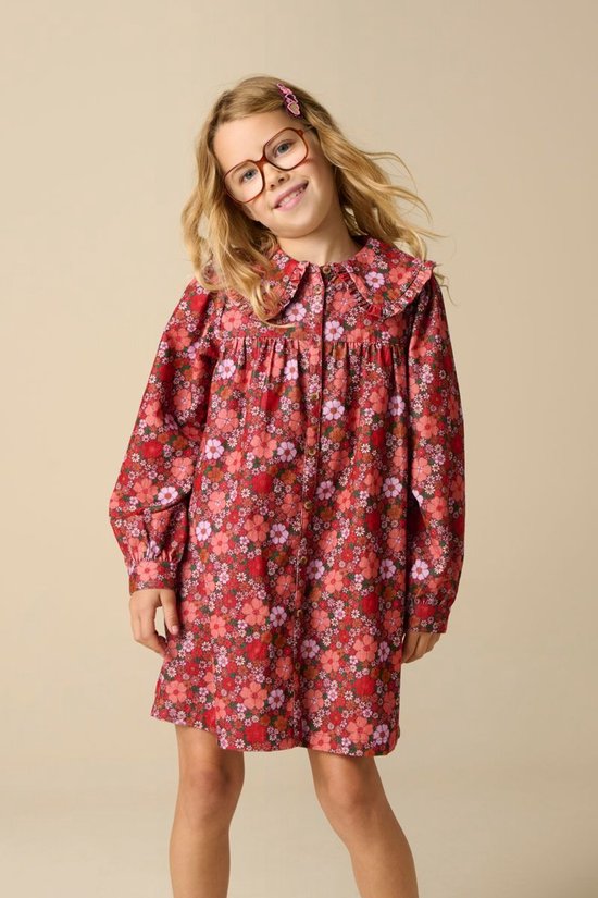 Donkerrode Corduroy Jurk Met Bloemenprint