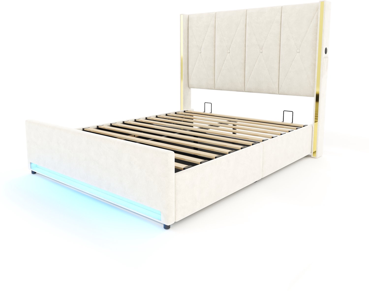 MUVANO Fluwelen bed 160x200 cm - bed met hoog gestikt hoofdbord - hydraulische opbergruimte - ledverlichting en USB - slaapkamer beige