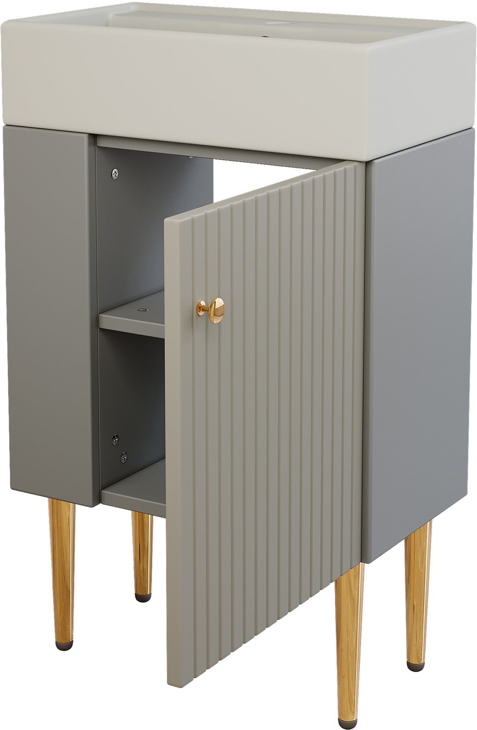 Wastafelkast Met Wastafel Van 55 Cm - Compact Badkamermeubel Voor Kleine Badkamers - Met Deur En Extra Zijvakken - Grijs Met Wit