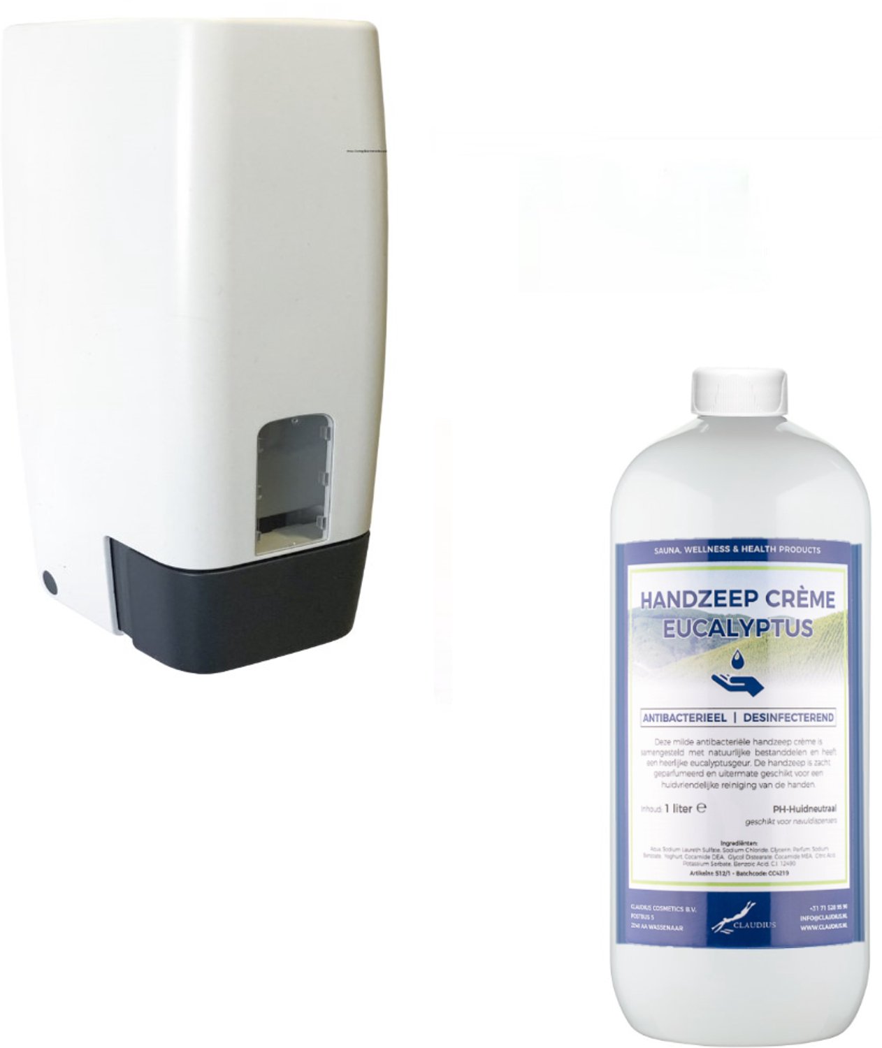 Claudius Zeepdispenser 1 liter kunststof hervulbaar + 1 liter Handzeep Crème Eucalyptus - voordeelverpakking - navulling