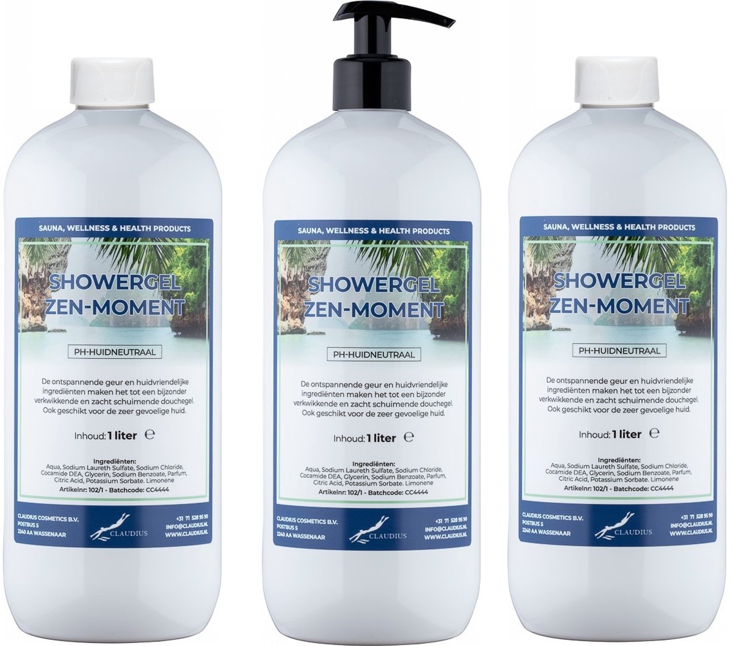 Claudius Douchegel Zen Moment 1 liter - set van 3 stuks - met gratis zwarte pomp - navulling - voordeelverpakking