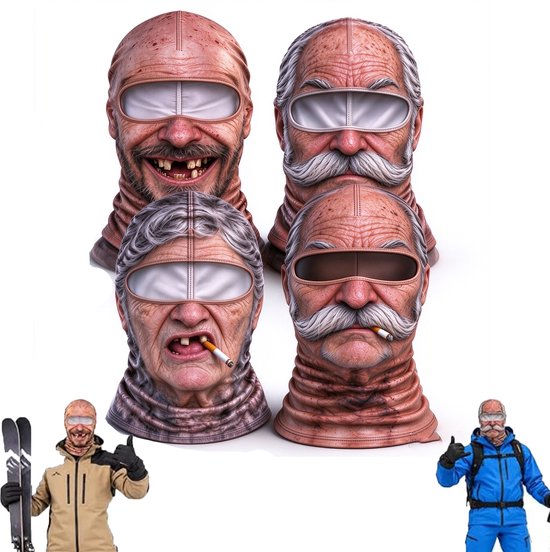 Vier 3D-realistische skimaskers met gezichten van oudere mensen, variërend van grijnzende tot rokende stijlen.