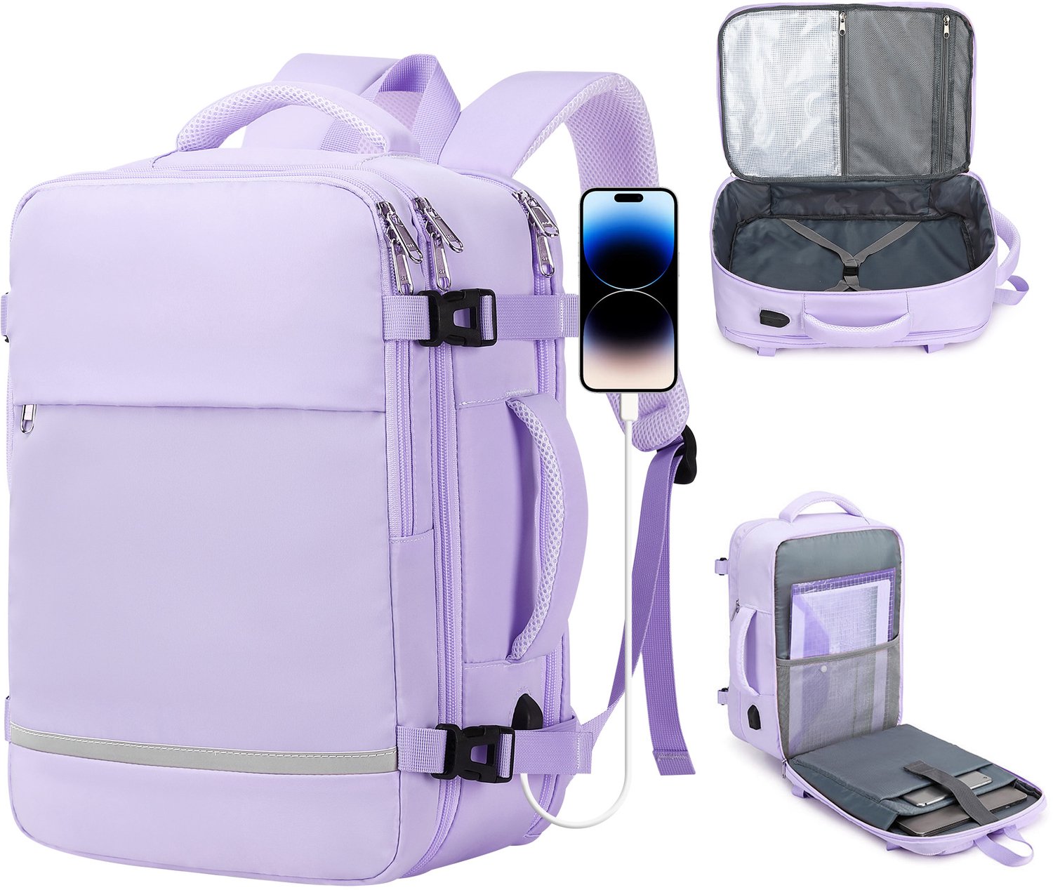 Handbagage 40x30x20 cm Reistas – Reisrugzak 35L- 15,6 inch laptoprugzak met USB poort - Underseater Rugzak - Weekendtas - dagrugzak – Paars