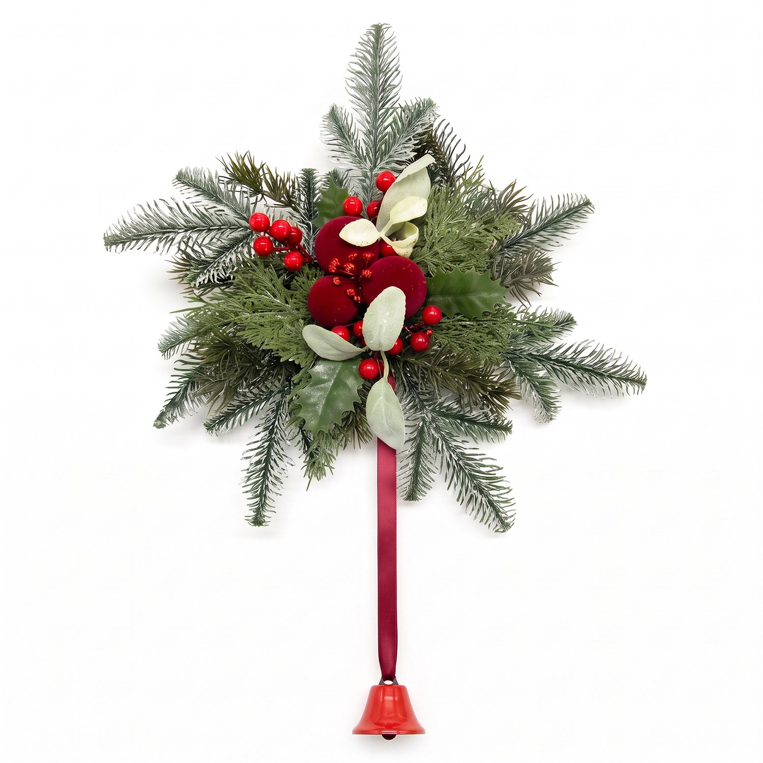Luxe Kerstkrans met Rode Bessen, Fluwelen Ballen en Kerstbel - 55 cm - Realistische PE Takken - Kerstdecoratie voor Binnen en Buiten - Perfect als Deurkrans, Wanddecoratie of Tafelstuk - Sfeervolle Kerstversiering voor een Warme Kerst