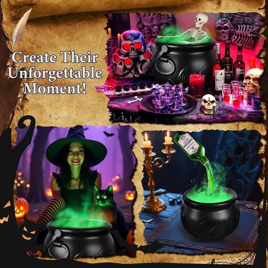 Halloween-decoratieset met een zwarte heksenketel, groen lichtgevende mist, skelet, pompoenen en een zwevende fles.