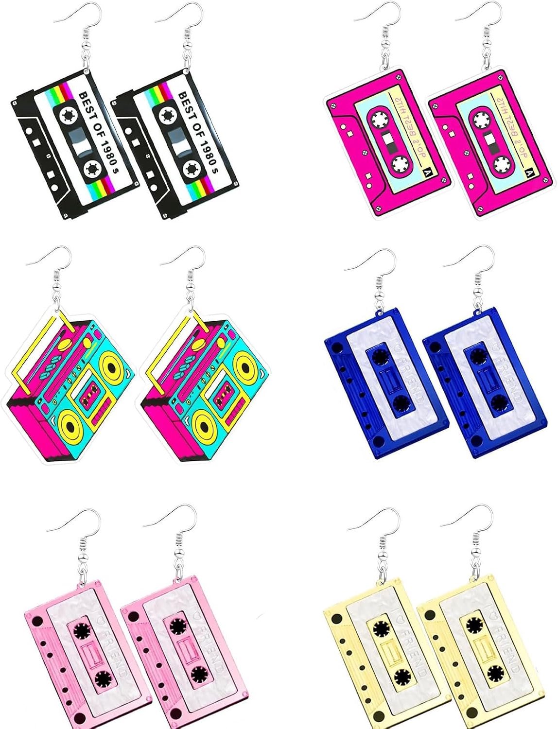 Damesoorbellen 6 paar - retro cassette-band - jaren 80 en 90 - themafeestaccessoires - ServiceTopper
