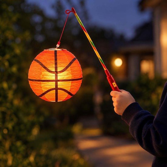 Basketball Lampion met Stok - Oranje - 20x20cm - Sint Maarten Lampionnen - Verjaardag Versiering - Feest Decoratie - Basketbal Thema — afbeelding 4