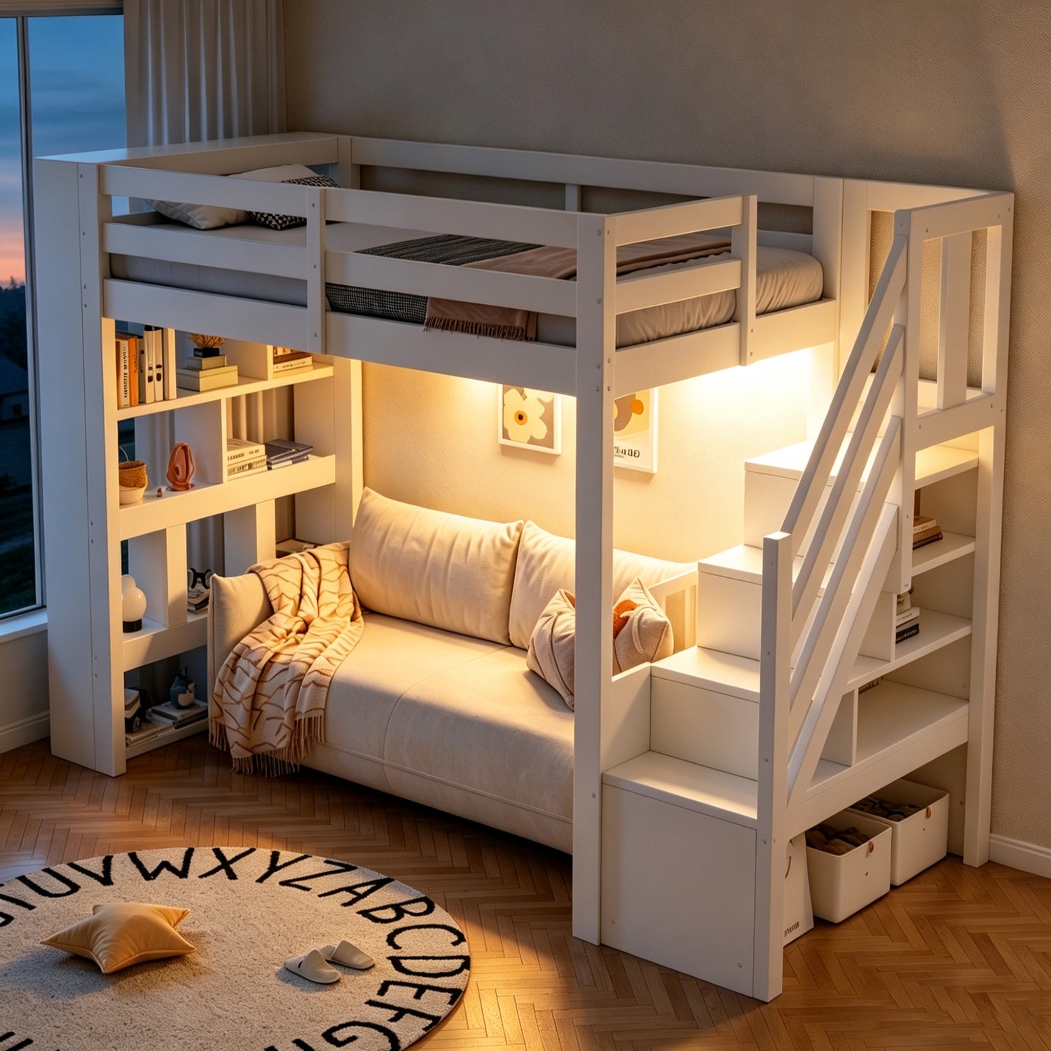OOIILLEE Houten hoogslaper 90 × 200 cm, uitgerust met schappen, veiligheidsleuning, opbergladder en LED-verlichting, met lattenbodem, wit