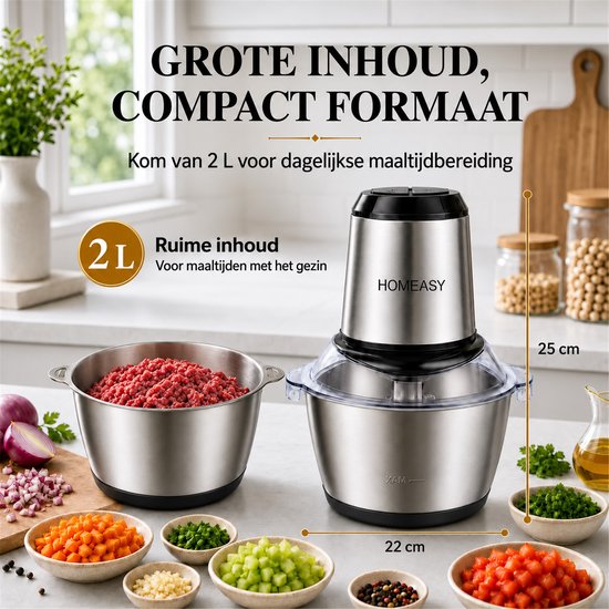 HOMEASY Elektrische Hakmolen 2L - Foodprocessor met RVS Kom - 350W - 4 RVS Messen - 2 Snelheden - Voor Vlees, Groente en Noten — afbeelding 2