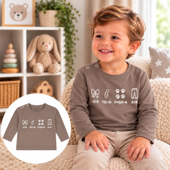 Zandkleurig shirt met lange mouwen en een witte rebusprint met de tekst -STR TEL=D P=GR-N K=R.