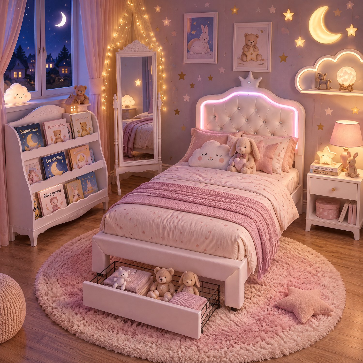 MEXUS Gestoffeerd bed, 90x200 cm, kinderbed, prinsessenbed voor meisjes, met ledverlichting, zachte beschermranden, kroonvormig hoofdeinde, metalen poten, eenpersoonsbed, PU-materiaal, Wit