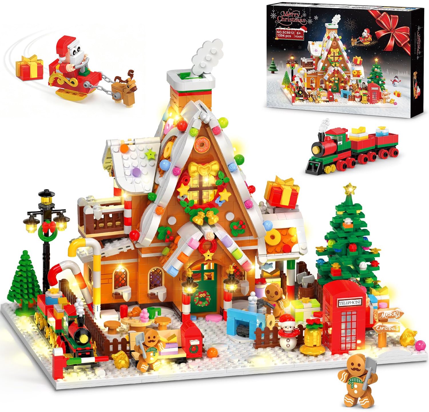 PLAXSOON 2026 Kerst Peperkoekhuis Bouwpakket met LED – 1594 Delen – 3.6mm Mini – Kerstdorp met Trein & Slee – Bouwstenen Spleegoed Voor Kinderen 12+