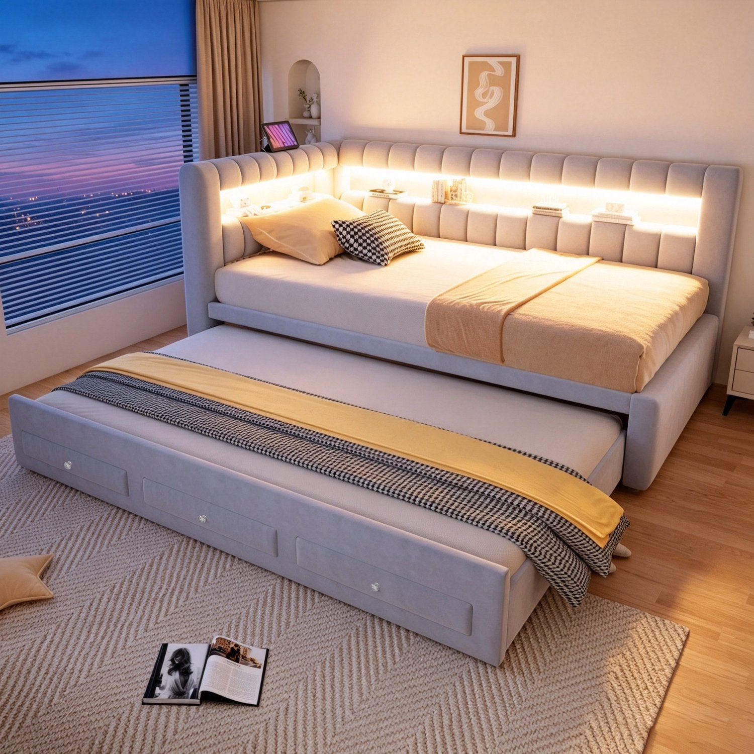 OOIILLEE Gepolsterd bed slaapbank 90*190 cm, met uitschuifbaar bed en opberglade, met LED-verlichting en USB-oplaadpoort, met versterkt hoofdeinde en rugleuning, fluweelstof lichtgrijs
