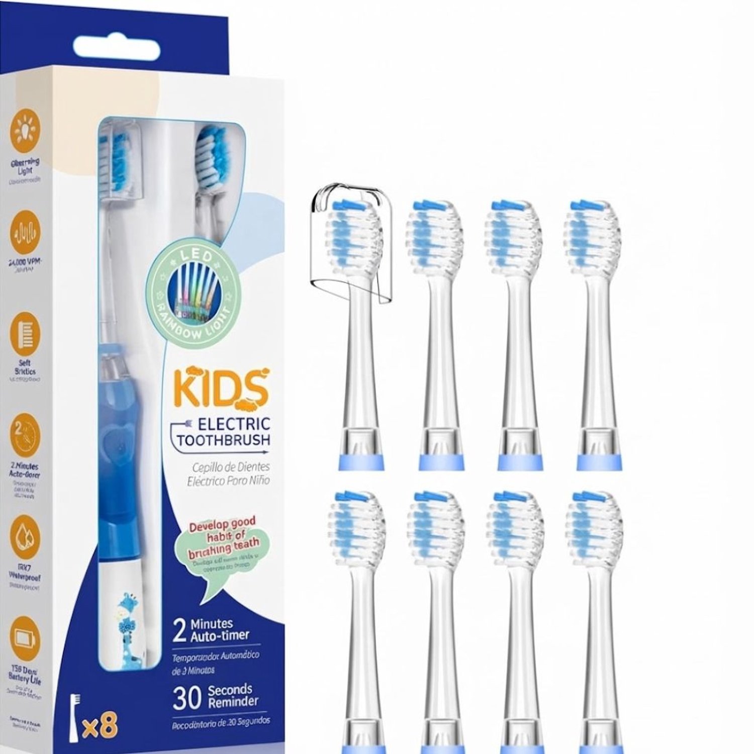 Elektrische Tandenborstel Kind - Kindertandenborstel - Tandenborstel Baby - 8 Borstels - Blauw