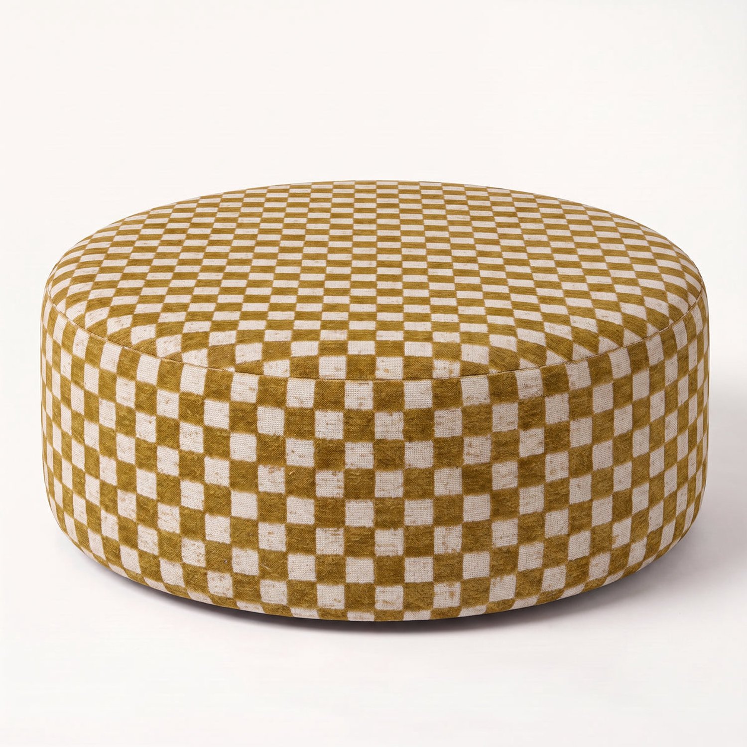 Mörgenn Poef Tile Ocre - Ronde Poef en Voetenbank - Chenille Blokjes - 45x45x50 cm