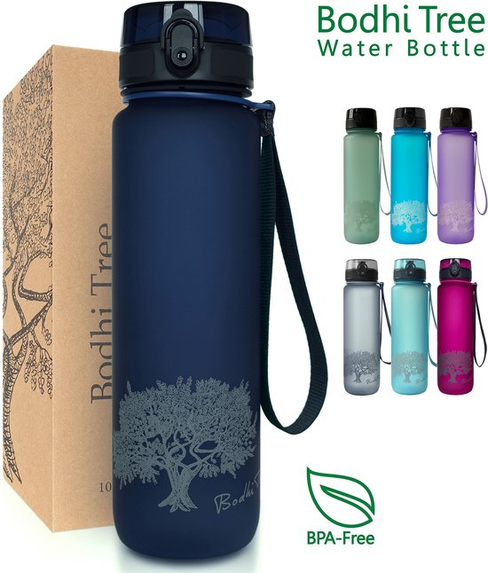 Donkerblauwe 1-liter Bodhi Tree drinkfles met boomprint, draagriem, BPA-vrij label en bijbehorende geschenkdoos.