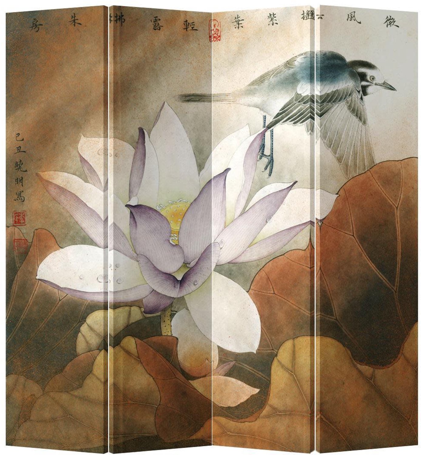 Fine Asianliving Chinees Kamerscherm Oosters Scheidingswand B160xH180cm 4 Panelen Retro Lotus multicolor
