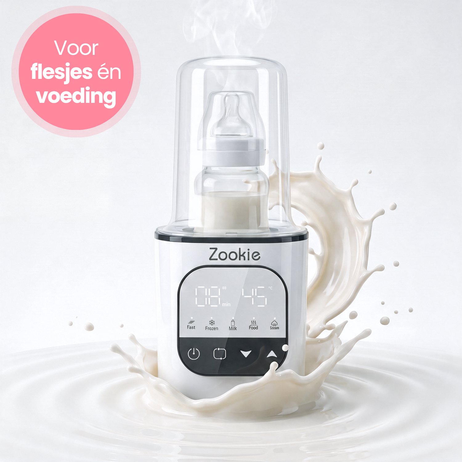 Zookie® Nova Flessenwarmer - Elektrische Flesverwarmer 5-in-1 - Opwarmen, Ontdooien, Warmhouden, Babyvoeding Verwarmen & Steriliseren - Geschikt voor Alle Babyflessen - Dubbel Display - Werkt op Netstroom - BPA vrij - Wit