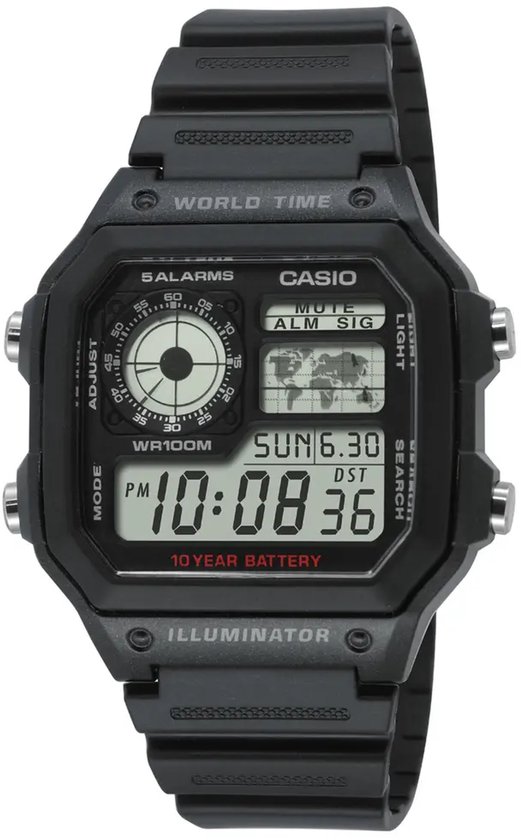 Zwart Casio digitaal horloge met wereldtijd, kleine analoge wijzerplaat, datum en 10-jarige batterijduur.
