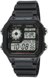 Zwart Casio digitaal horloge met wereldtijd, kleine analoge wijzerplaat, datum en 10-jarige batterijduur.