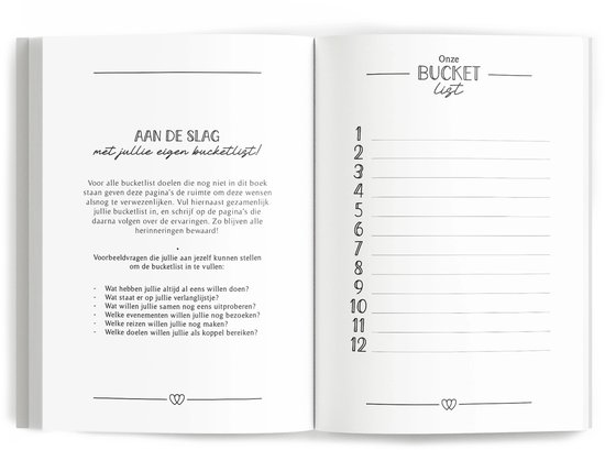 Open invulboek met instructies en een genummerde 'Onze Bucketlist'-lijst voor koppels.