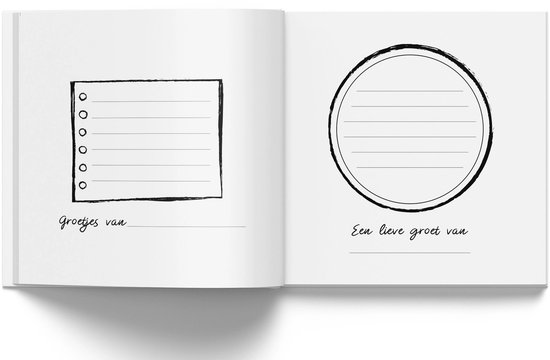 Open pagina's met een rechthoekig kader met stippen en een cirkelvormig kader, met de tekst "Groetjes van" en "Een lieve groet van".