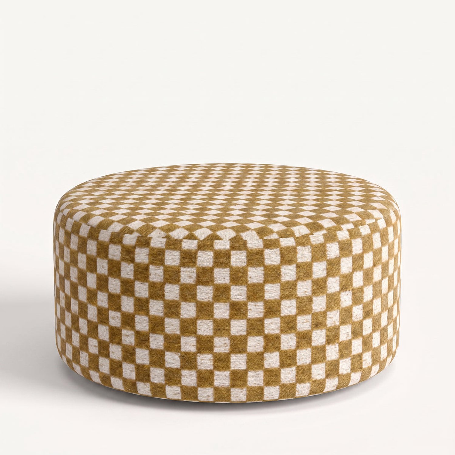 Mörgenn Poef Tile Ocre - Ronde Poef en Voetenbank - Chenille Blokjes - 100x100x40 cm