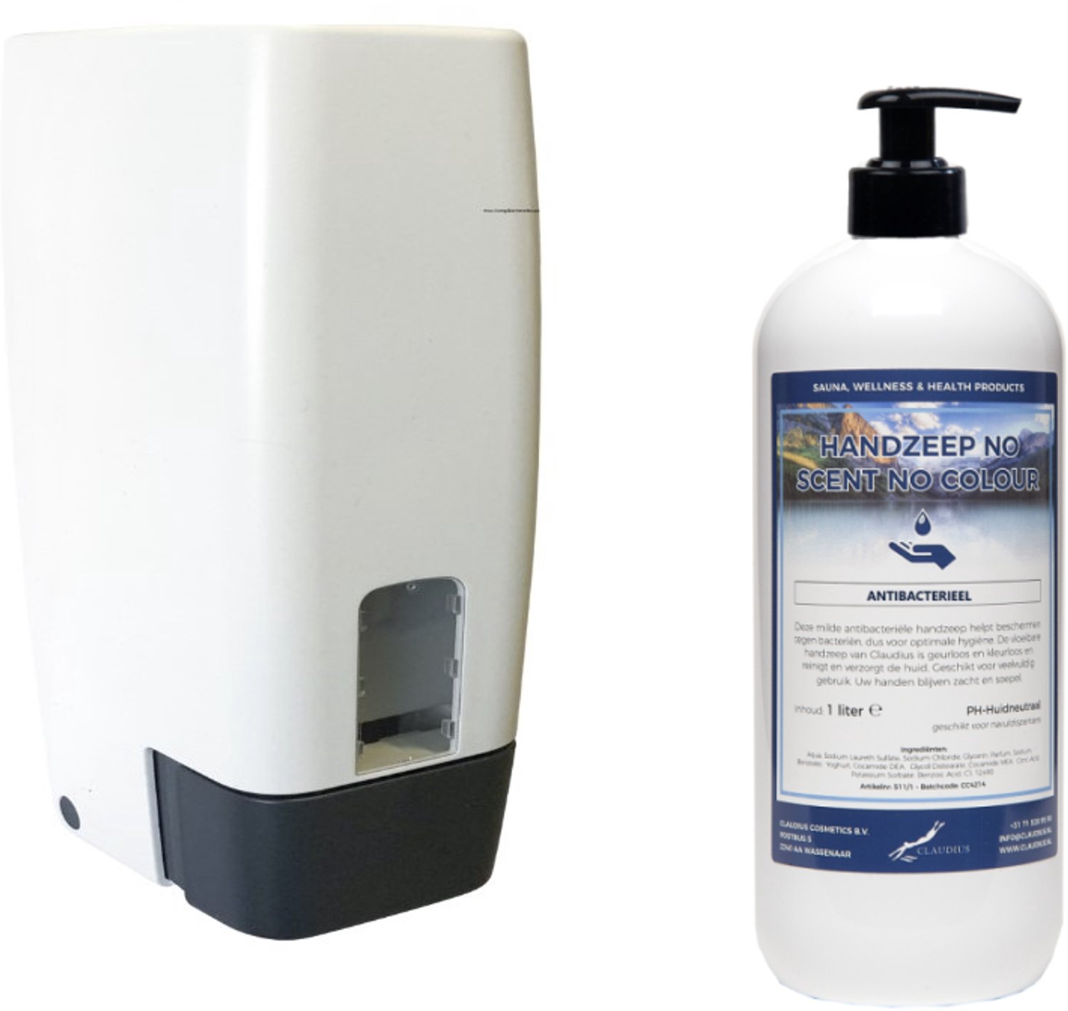 Claudius Zeepdispenser 1 liter kunststof hervulbaar + 1 liter Handzeep No Scent, No Colour - voordeelverpakking - navulling