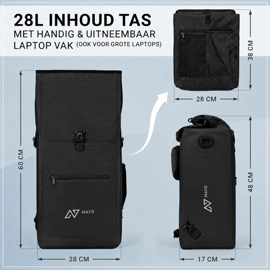 Technische afmetingen van de 28L NAYD tas, inclusief uitneembaar laptopvak (60x28x17 cm).