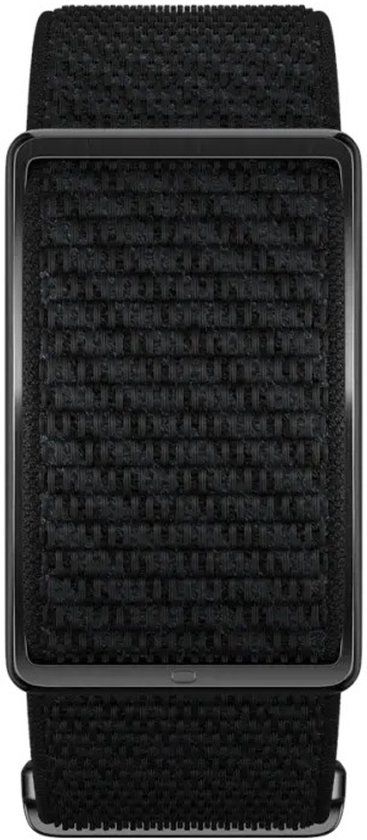 Zwarte Polar Loop activitytracker met een textiele geweven band en een rechthoekig digitaal scherm.