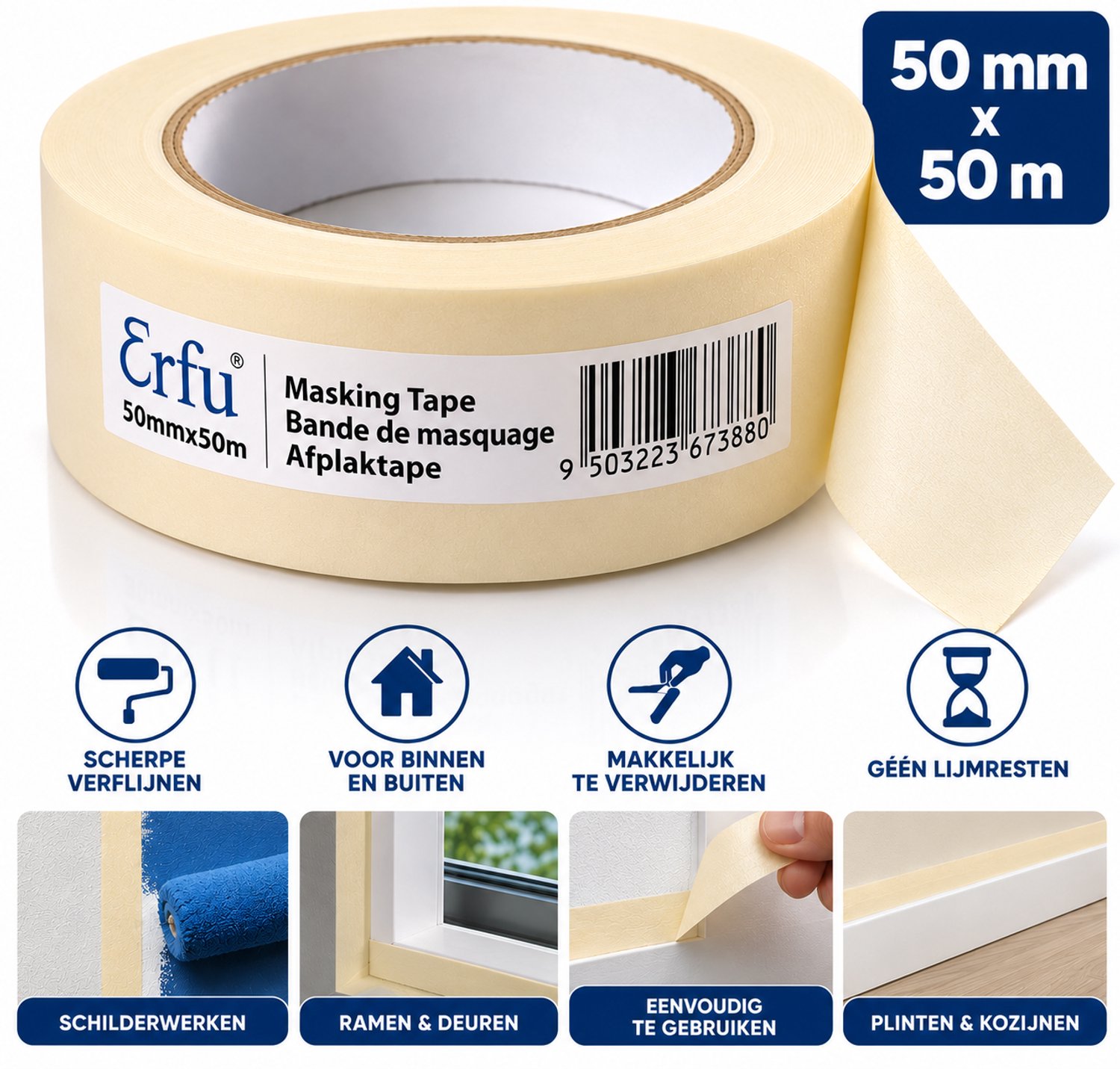 ERFU Afplaktape Crème 50 mm x 50 m – Schilderstape – Masking Tape – Voor Schilderwerken en Renovatie