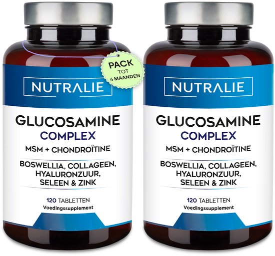 Twee potten Nutralie Glucosamine Complex met zilveren dop en blauw-wit etiket, goed voor 4 maanden.