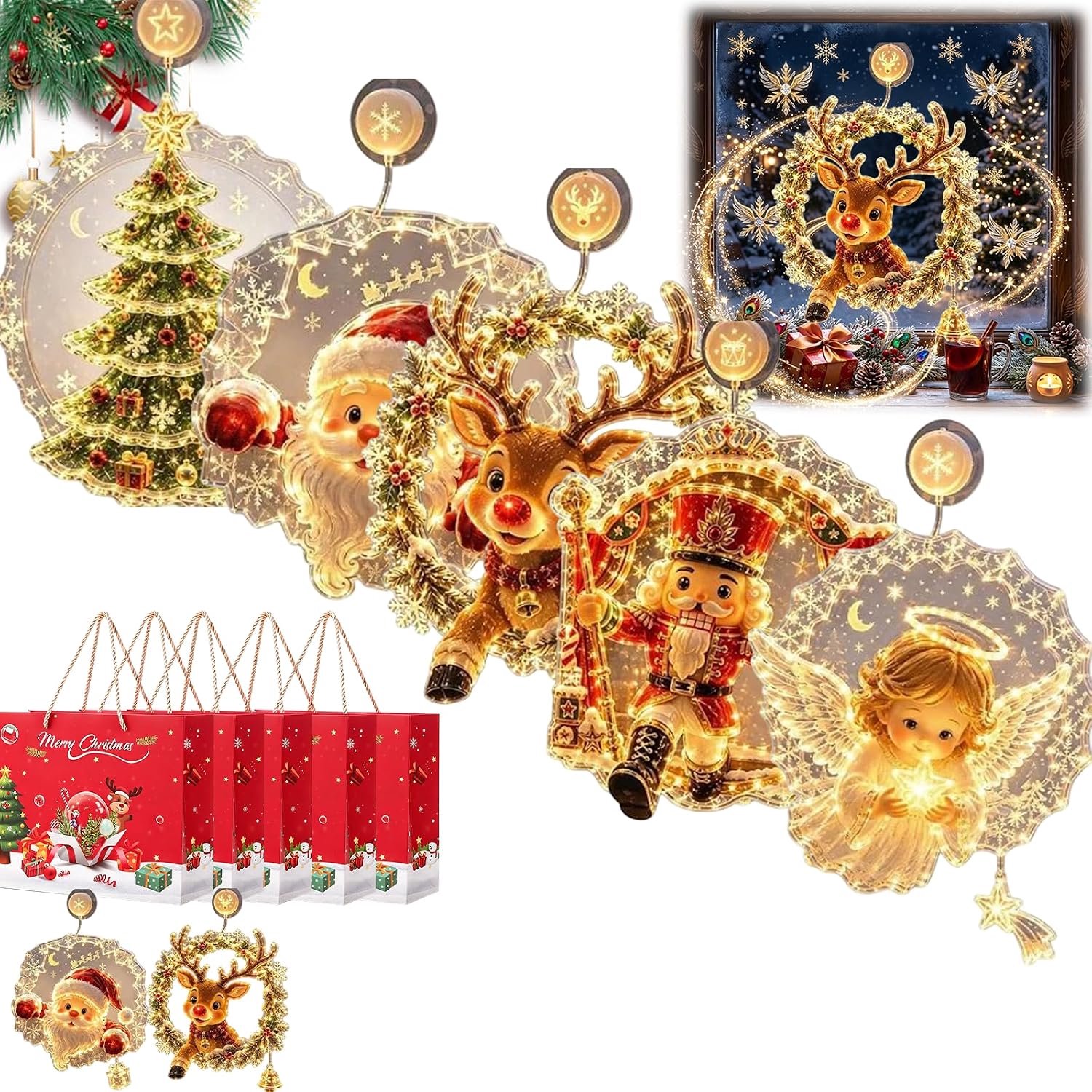 5×3D-kerstraamverlichting - Kerstversiering - Led - Kerstornamenten - Kerstthema - Ontwerp met zuignap - Geschikt voor kerstdiners, familiebijeenkomsten en feestjes tijdens de feestdagen - Feestelijke sfeer - Creatieve hangende versieringen