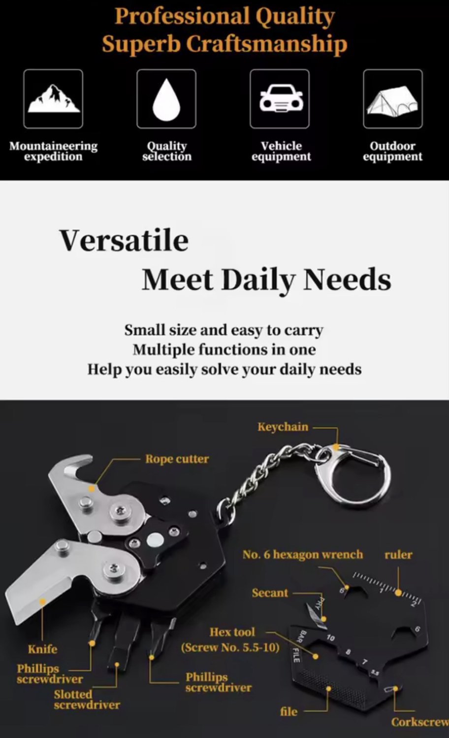 CFY Survival Multitool Sleutelhanger – Multifunctionele Zaktool met Mes, Vijl, Liniaal en Flesopener – Zwart – A3.3