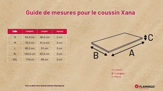 Maattabel voor het Flamingo Xana kussen met afmetingen van S tot XXL en een diagram voor lengte, breedte en hoogte.